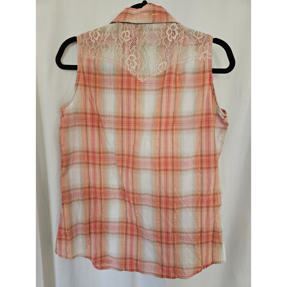 Wrangler Pearl Snap Button Down Plaid Sleeveless Lace Women's Size Med Top - Picture 5 of 8